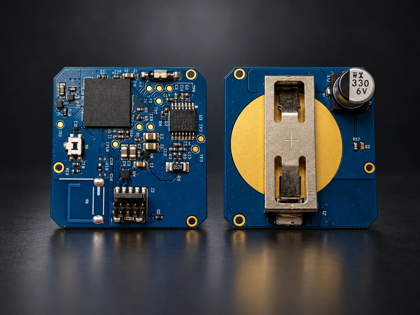Low-power Z-Wave sensor PCB, front and back with coin-cell battery holder